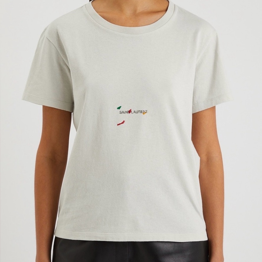 NWT Saint Laurent Cream Logo T-Shirt with Red & Green Accents